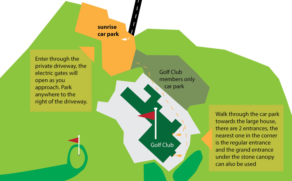 Map showing the car park on the right after the gates